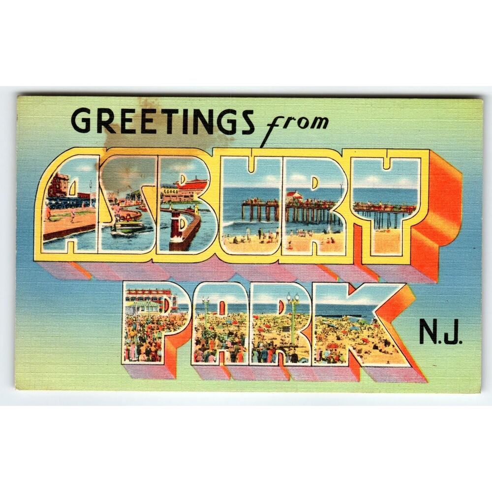 Vintage Greetings from Asbury Park NJ Large Letter Linen Postcard Pier Beach